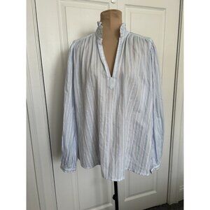 Madewell $98 Ruffled Popover Long Sleeve Top Stripe Blue Cotton Blouse Size M